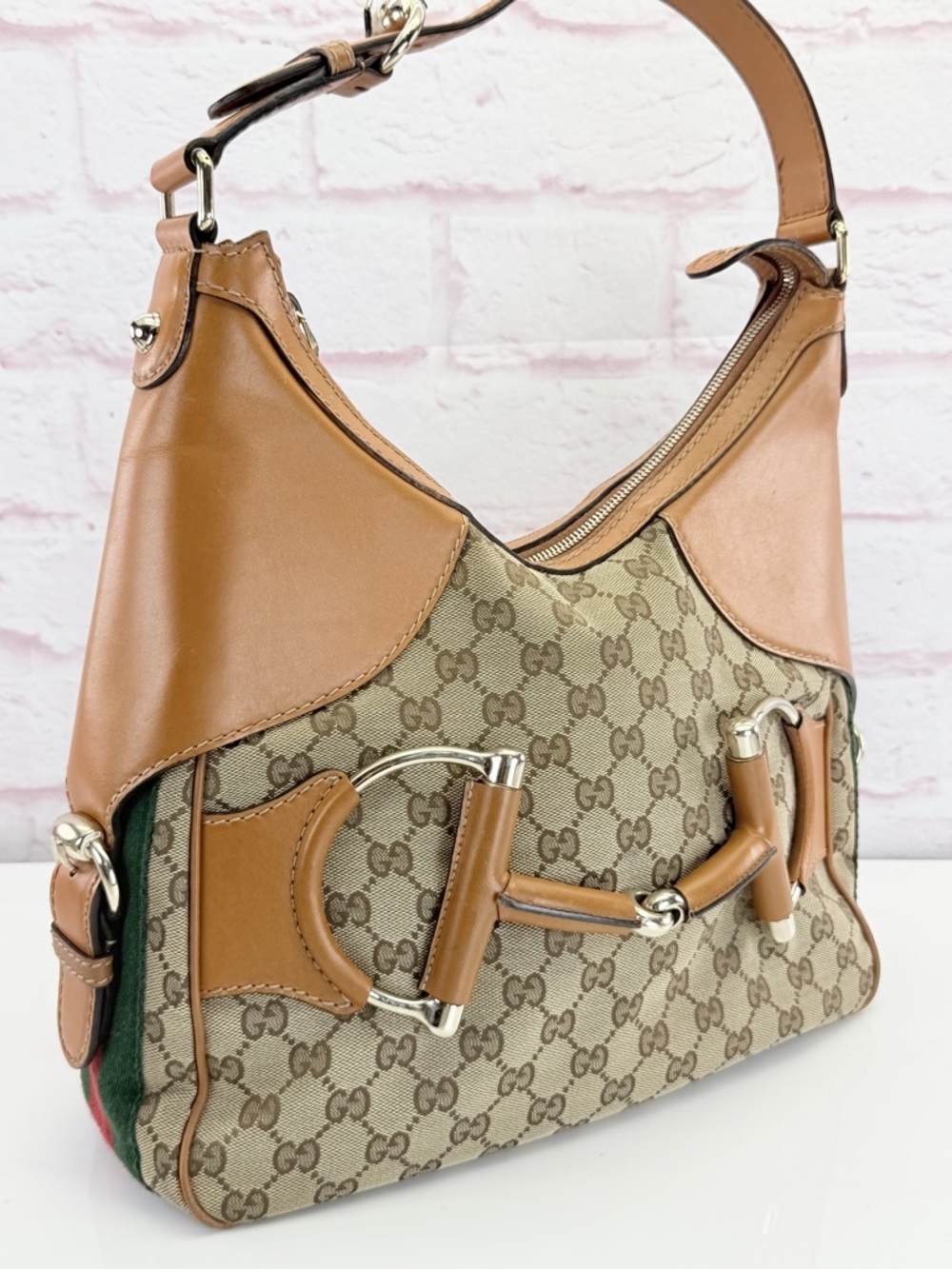 GUCCI Web Beige/Brown GG Canvas Heritage Horsebit Hobo Bag